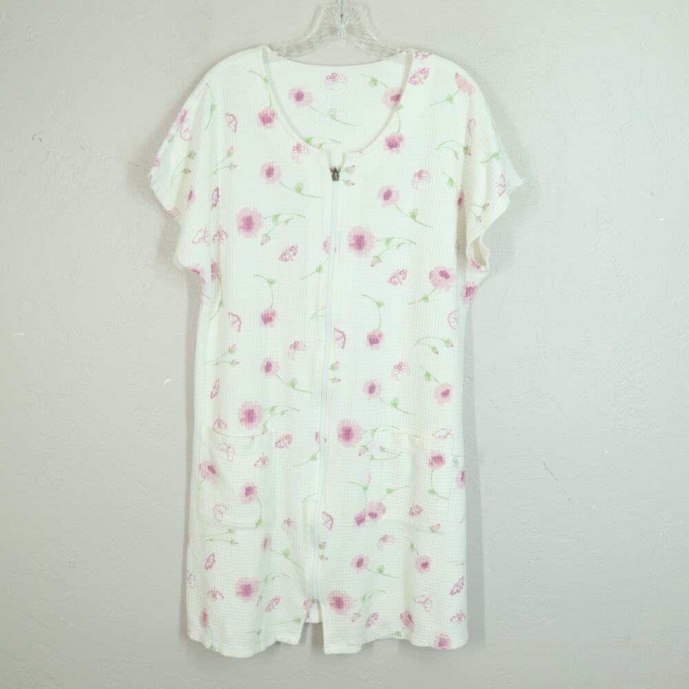 Karen Neuburger House Dress SM White Floral Cotton Blend Zip Pockets Short Sl